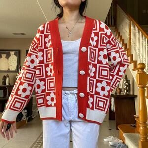 Zara Orange Jacquard Floral Geometric Chunky Knit Sweater Size S retro cozy 70s